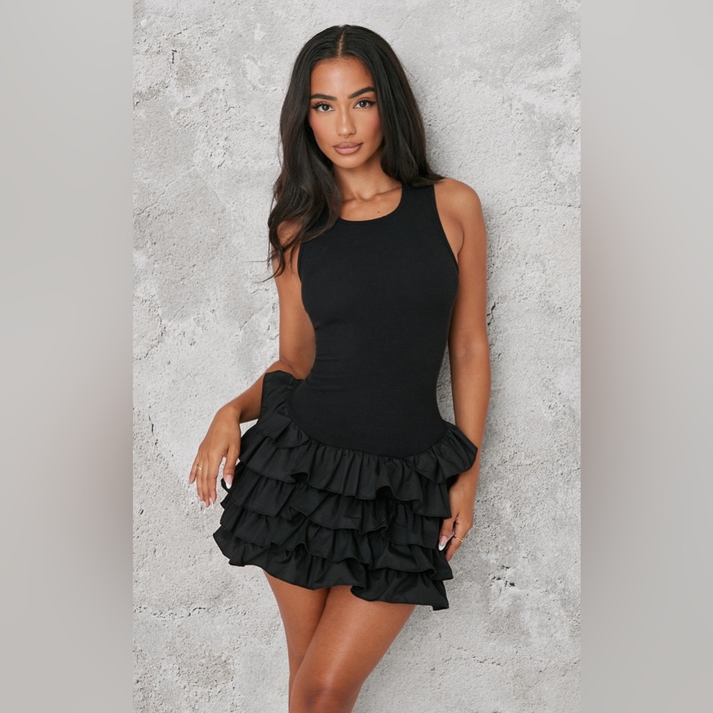 Elegant Black Ruffle Dress brand new petite tags on